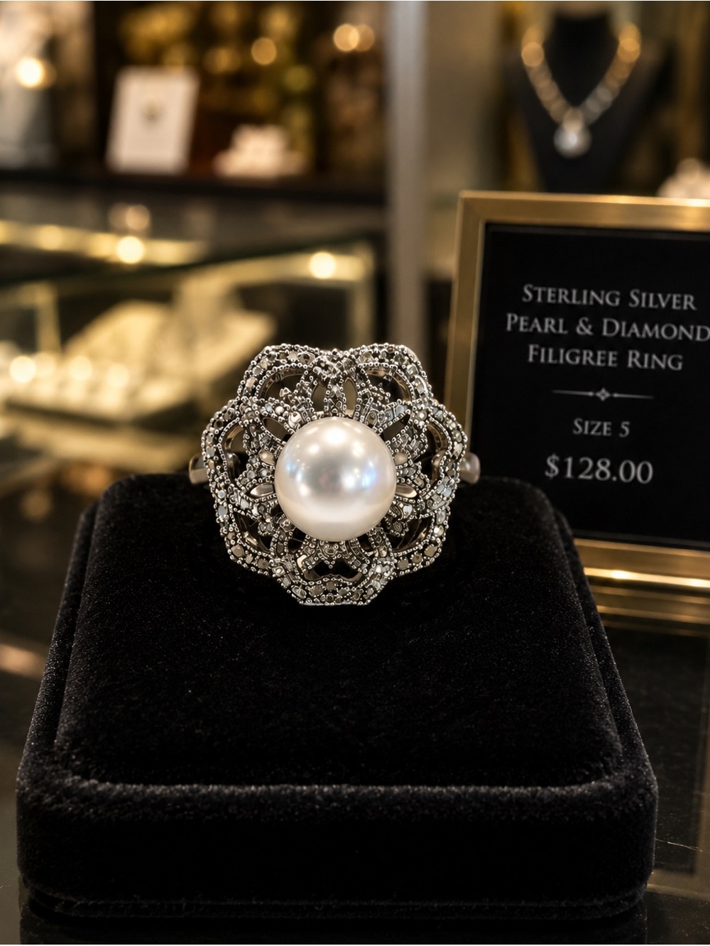 Sterling Silver Pearl Ring 925 | Diamond Accent Filigree Ring | Estate Jewelry